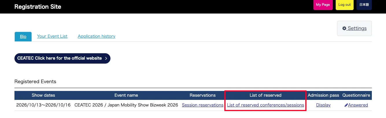 Opening the list of reserved sessions